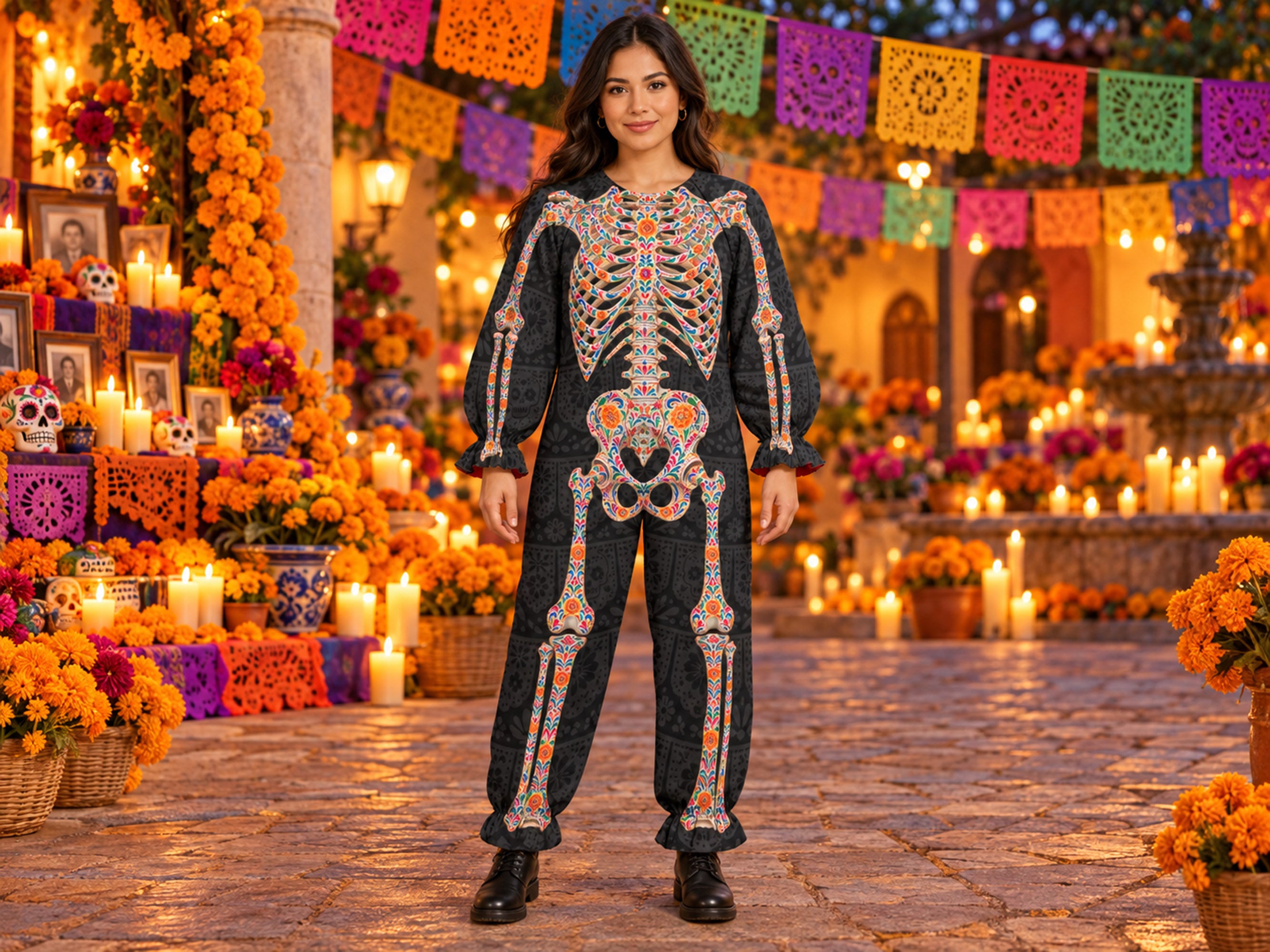 Día de los Muertos Skeleton Costume, Papel Picado Day of the Dead Halloween Jumpsuit