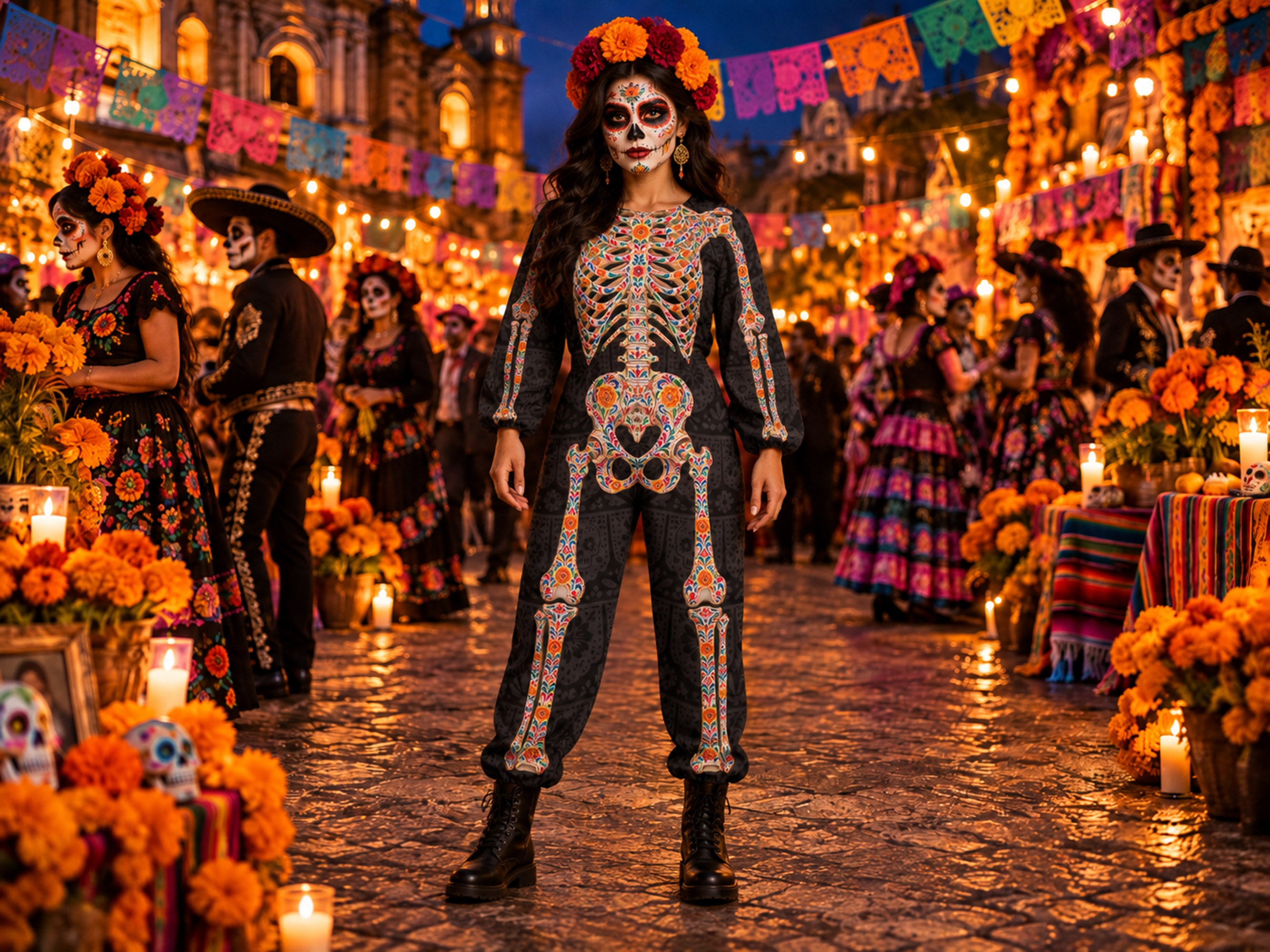 Día de los Muertos Skeleton Costume, Papel Picado Day of the Dead Halloween Jumpsuit