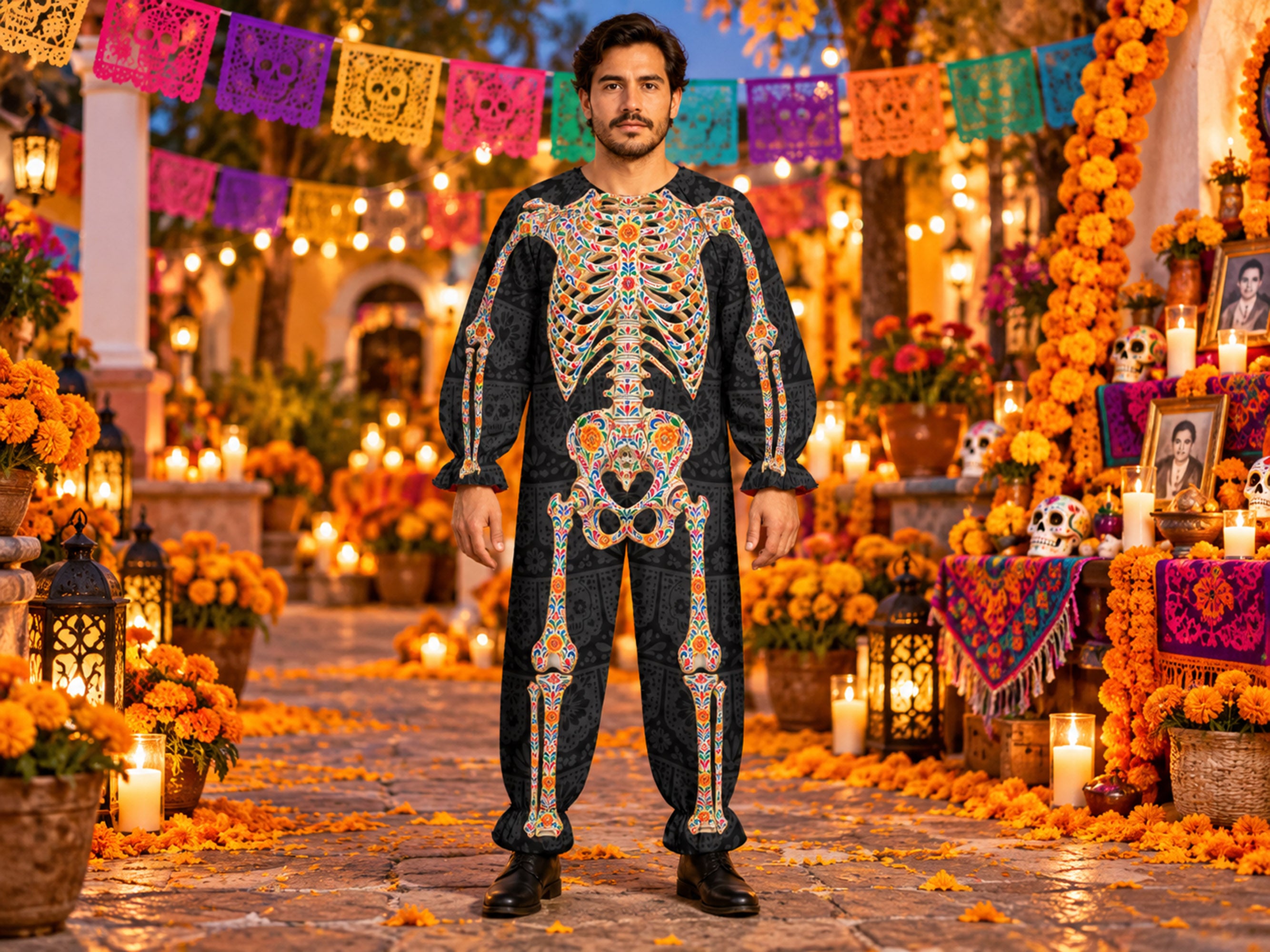 Día de los Muertos Skeleton Costume, Papel Picado Day of the Dead Halloween Jumpsuit