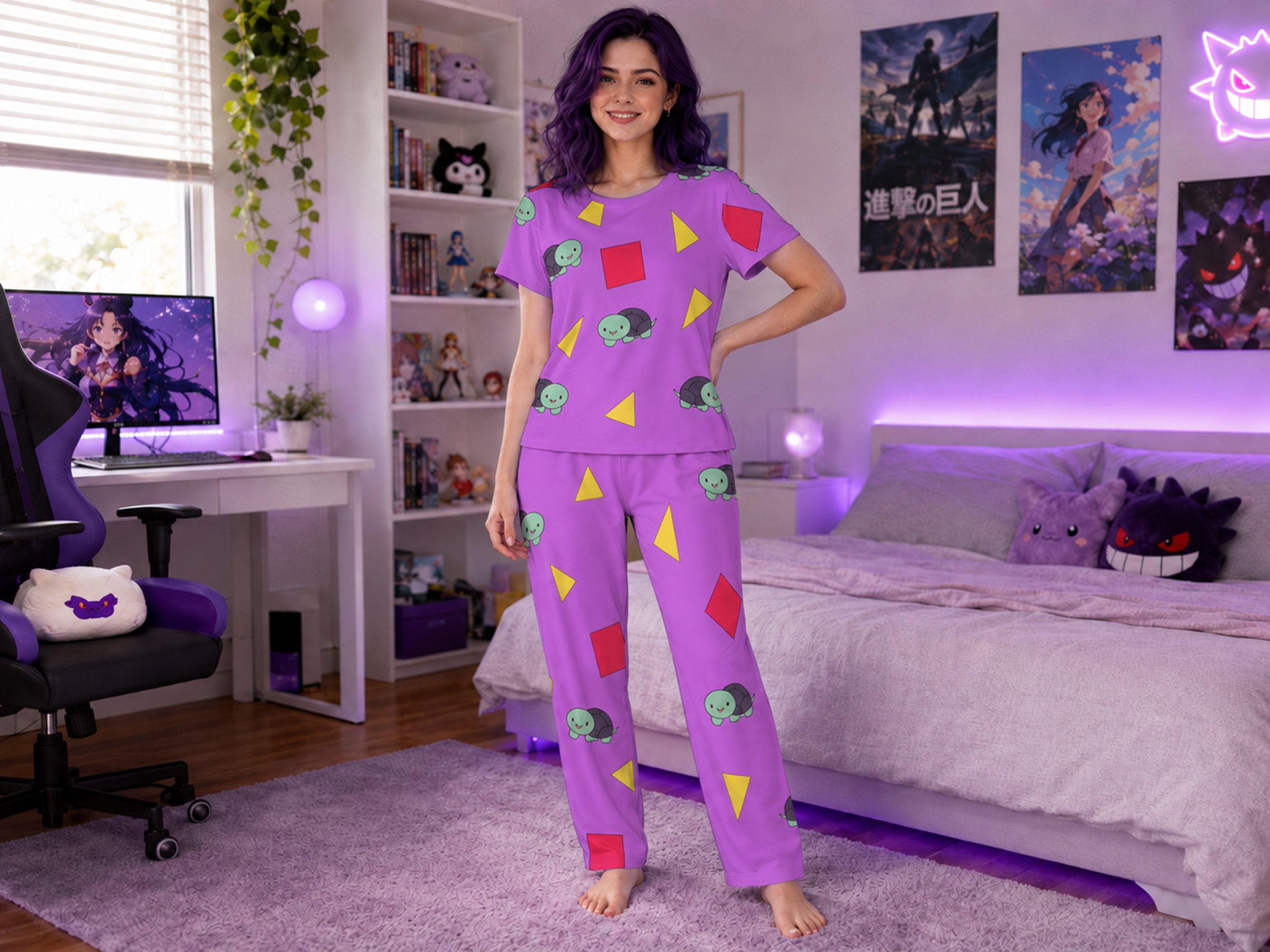 Women’s Loungewear Set - Purple with Turtles, Red Squares,Yellow Triangles - Zoey Pajamas Costume
