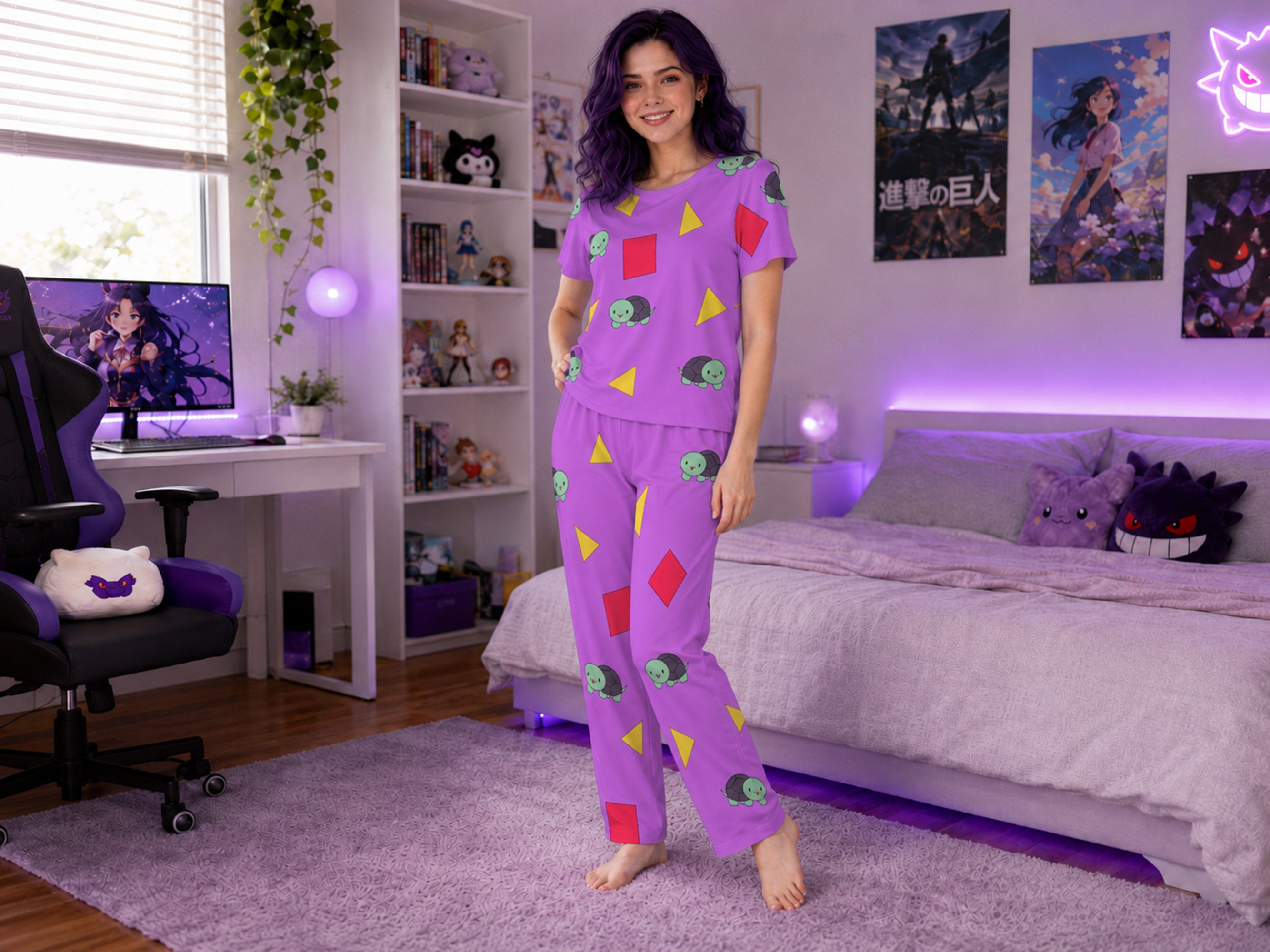 Women’s Loungewear Set - Purple with Turtles, Red Squares,Yellow Triangles - Zoey Pajamas Costume
