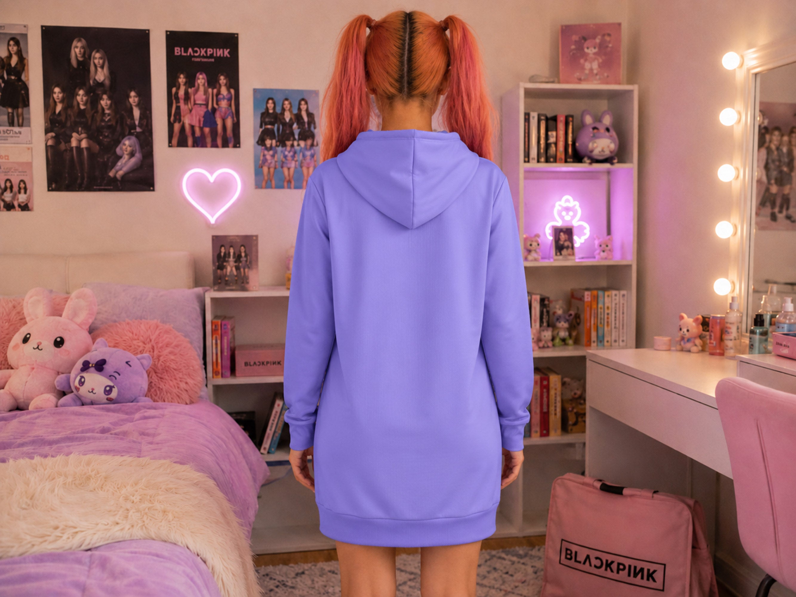 Women's Polar Bear Long Hoodie Sweatshirt Dress Blue Purple