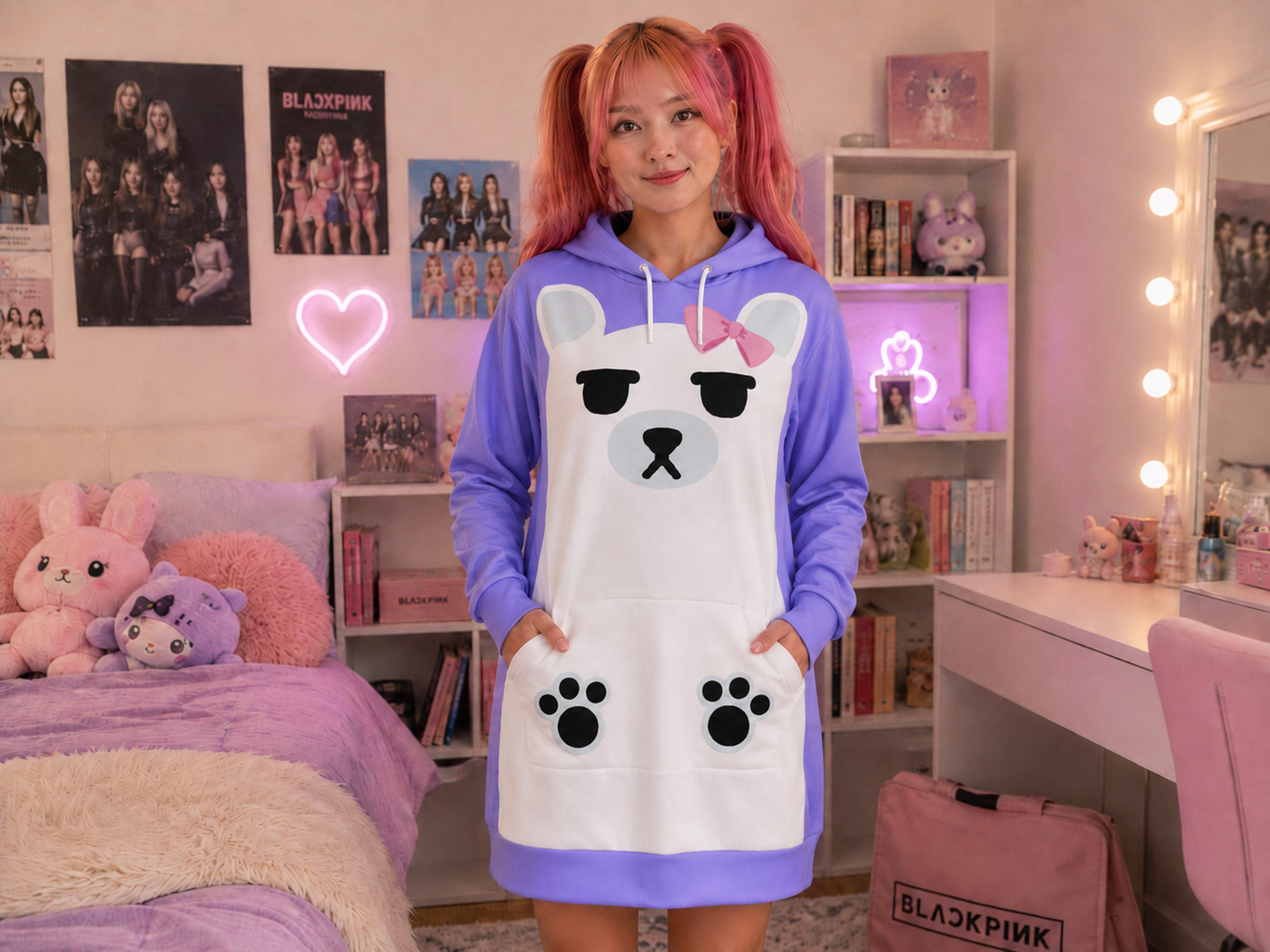 Women's Polar Bear Long Hoodie Sweatshirt Dress Blue Purple