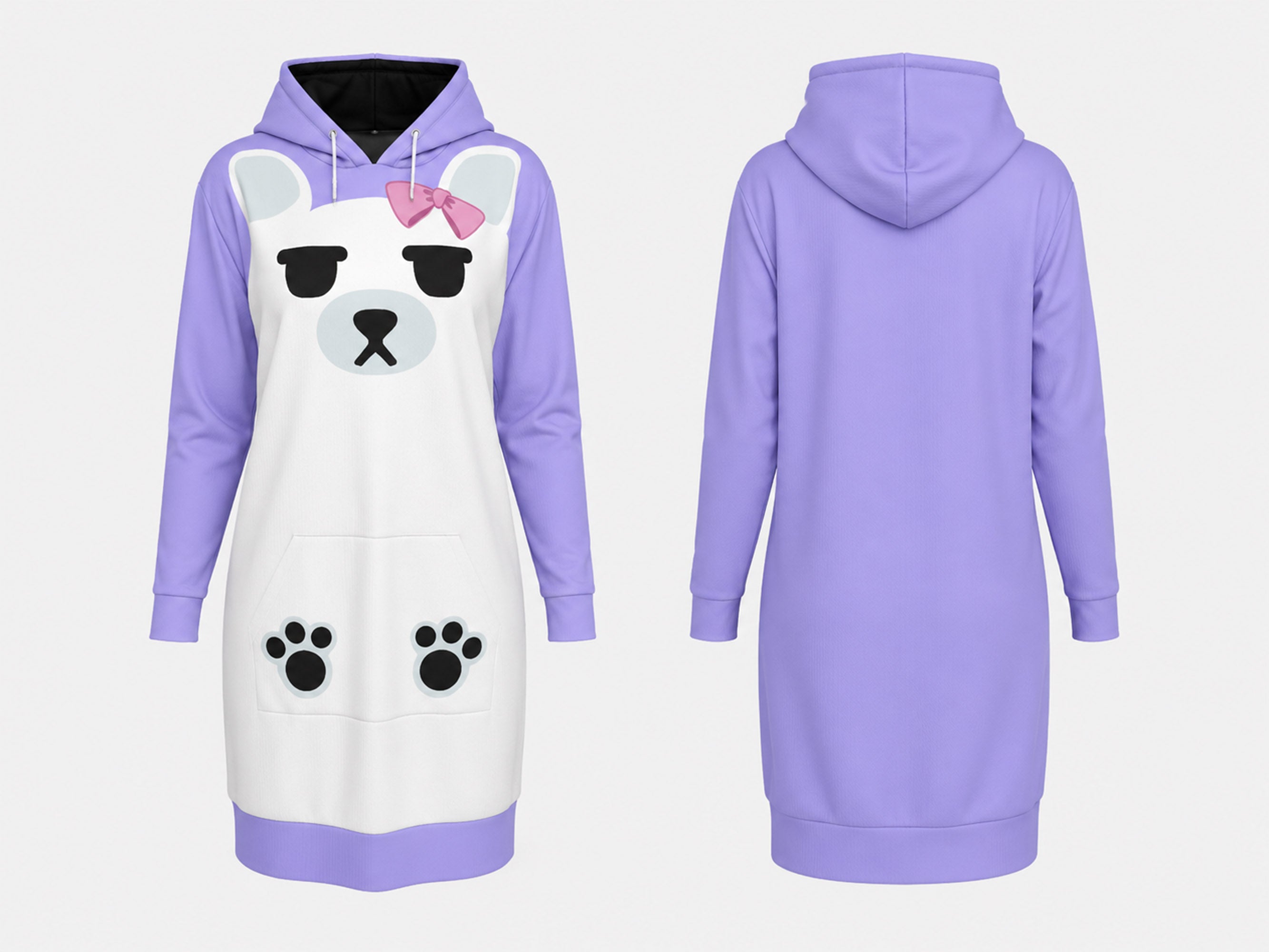 Women's Polar Bear Long Hoodie Sweatshirt Dress Blue Purple
