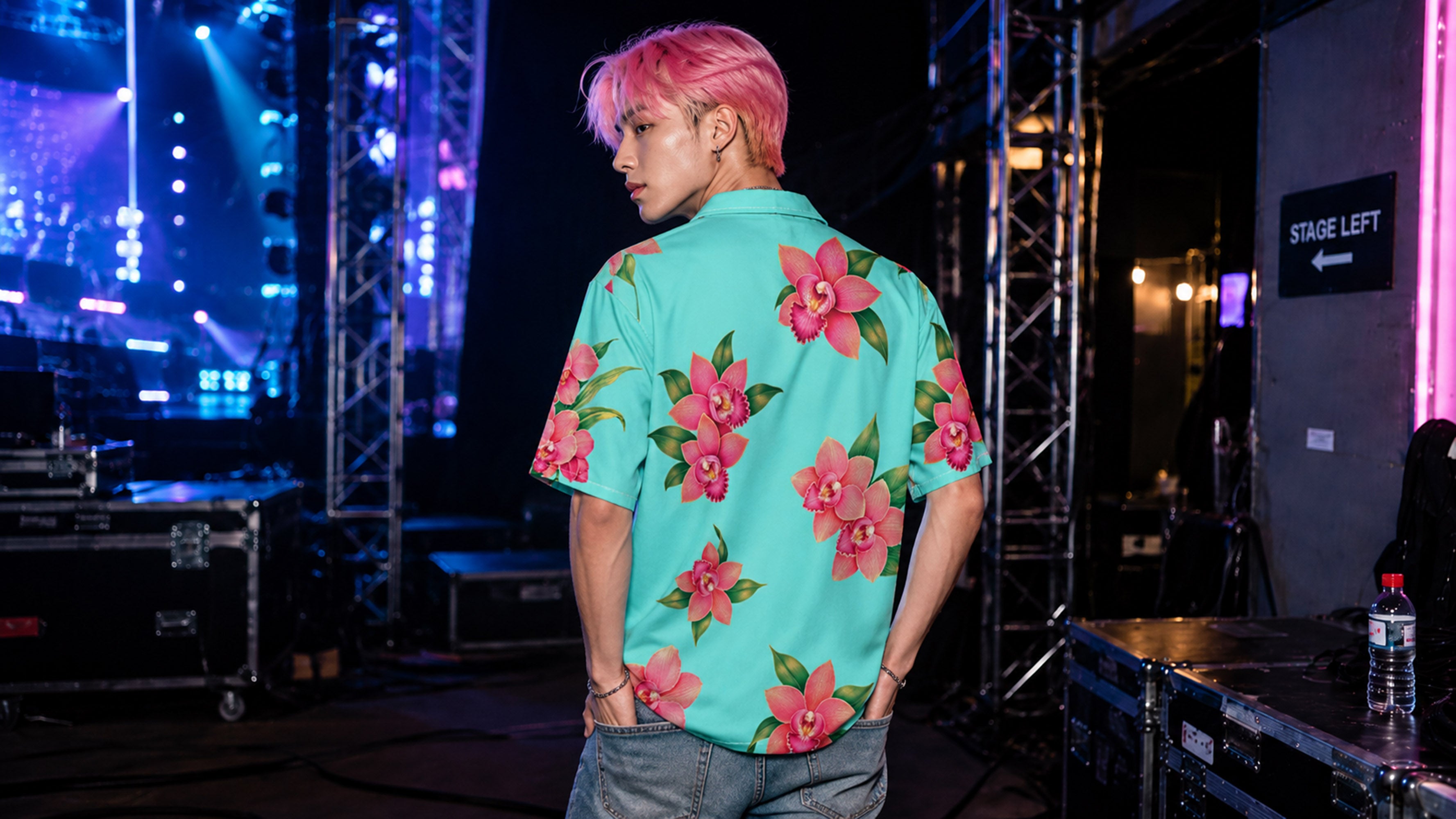 Men's Turquoise Blue / Green Hawaiian Shirt With Pink Flower Orchids Button Closure Abby Costume