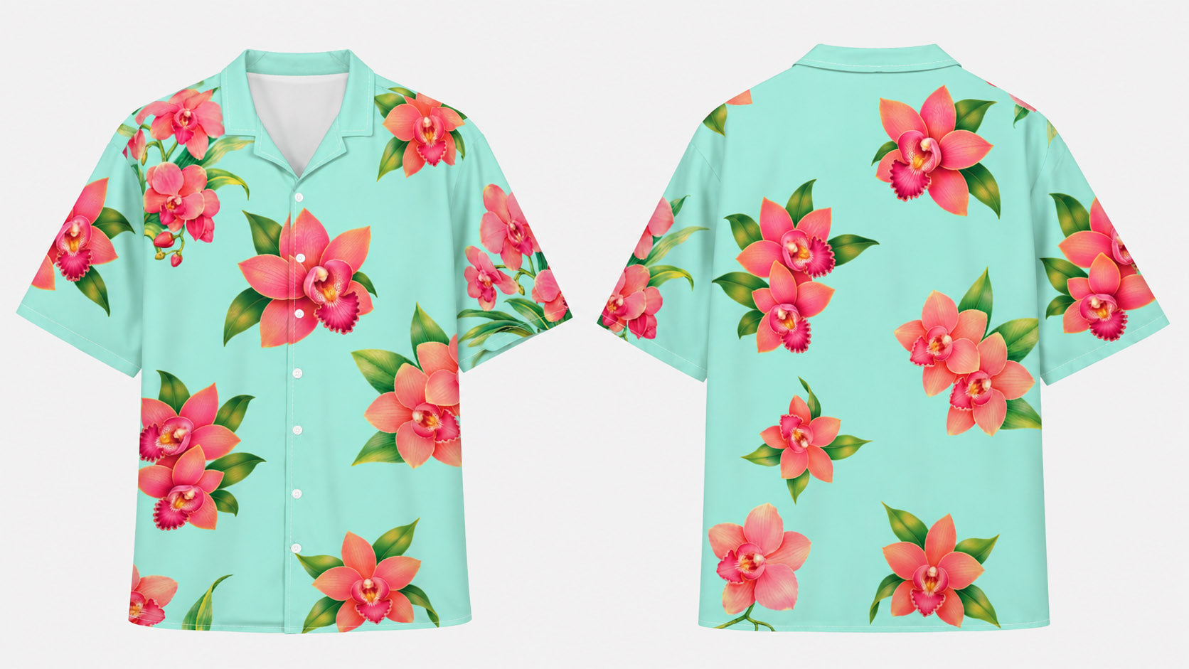 Men's Turquoise Blue / Green Hawaiian Shirt With Pink Flower Orchids Button Closure Abby Costume