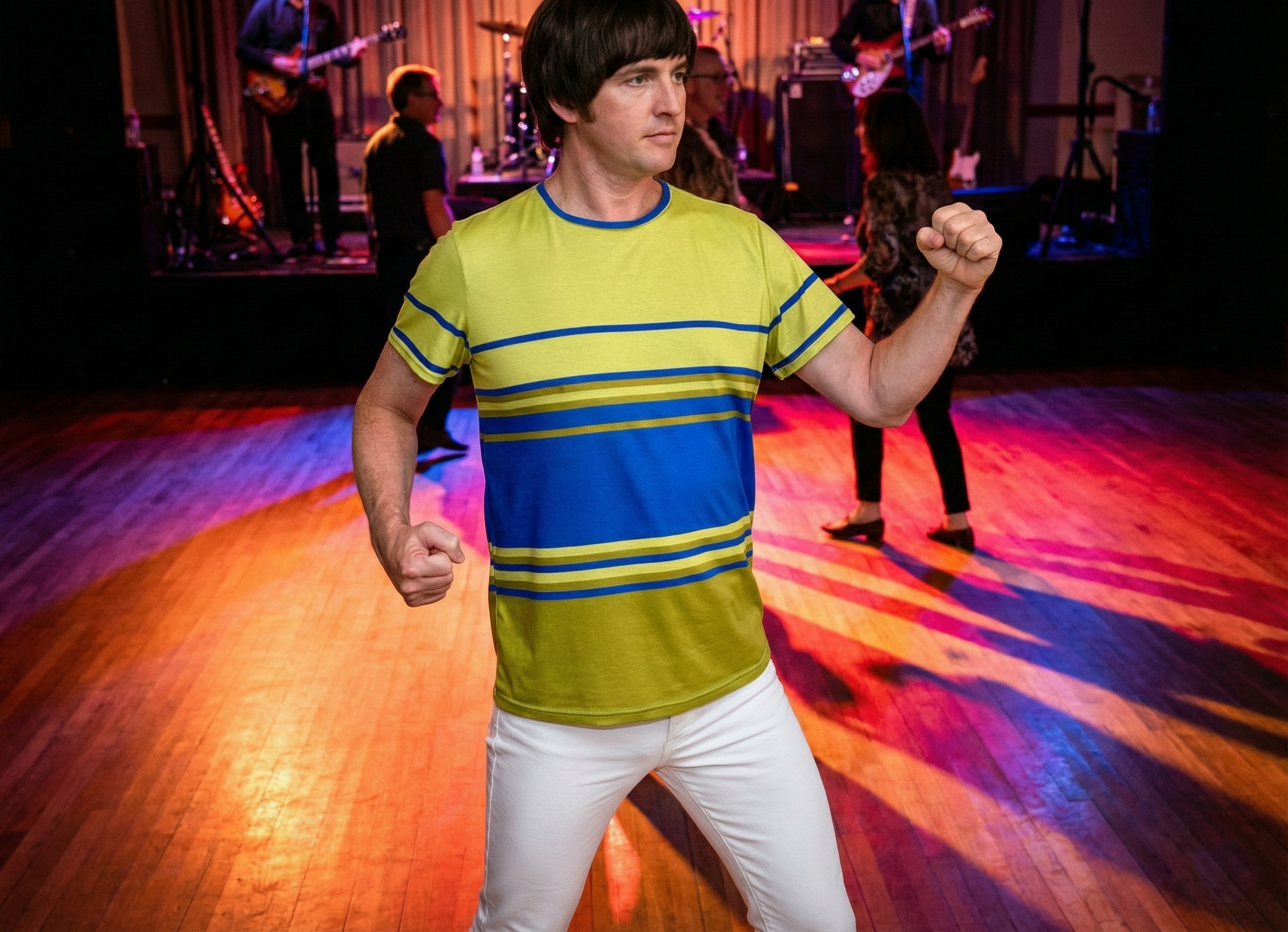 Tight Pants Costume Short Sleeve Green and Blue Striped T-Shirt - Fallon Ferrell