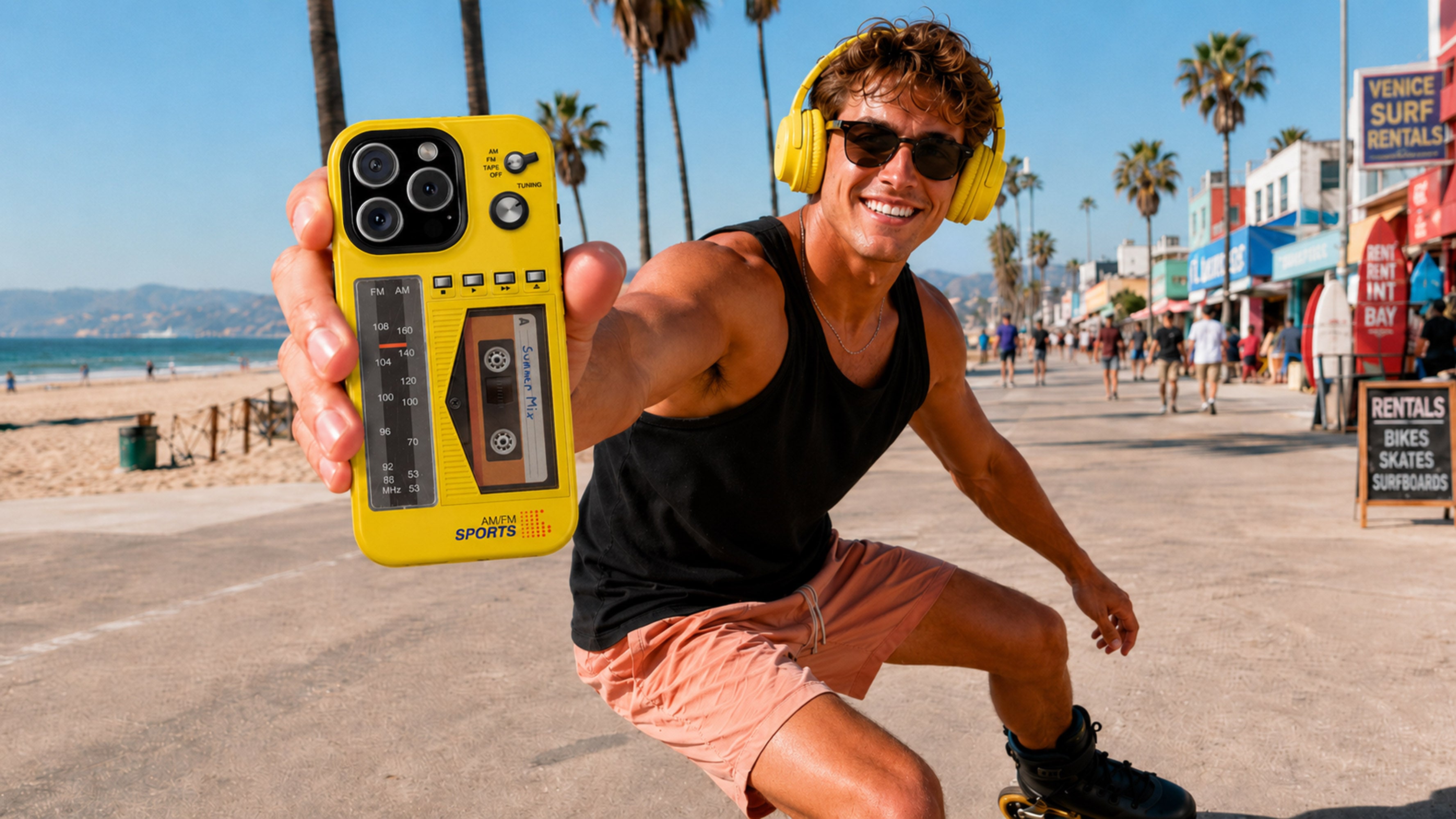 Retro Cassette AM FM Radio iPhone Case, Vintage Walkman Style Phone Case, MagSafe Dual Layer Protective Case Sport Yellow
