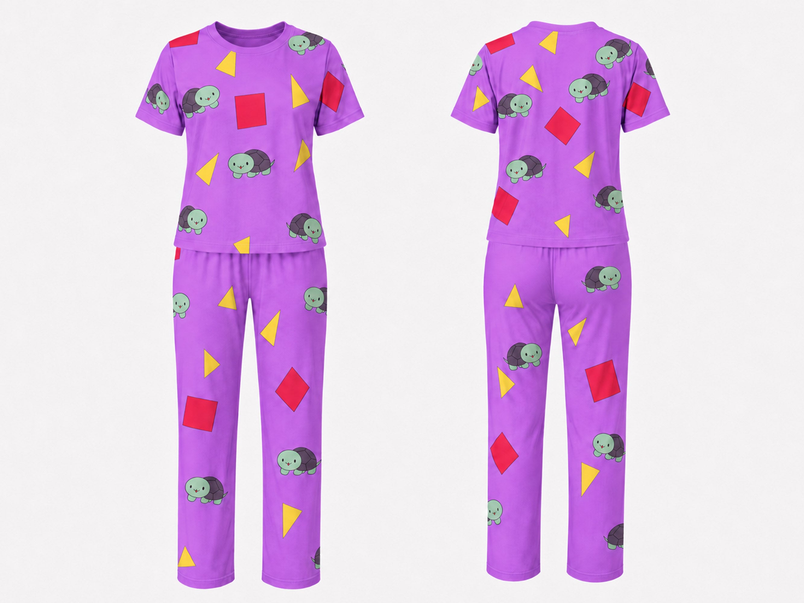 Women’s Loungewear Set - Purple with Turtles, Red Squares,Yellow Triangles - Zoey Pajamas Costume