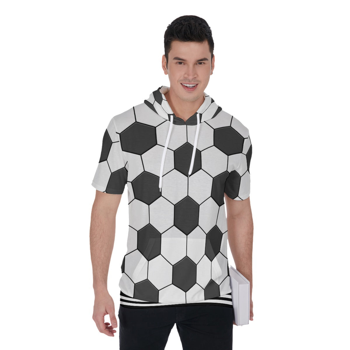 Short Sleeve Cotton Soccer Ball Print Hoodie