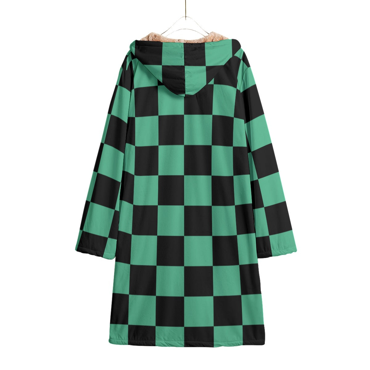 Green and Black Checkered Anime Horn Button Long Coat