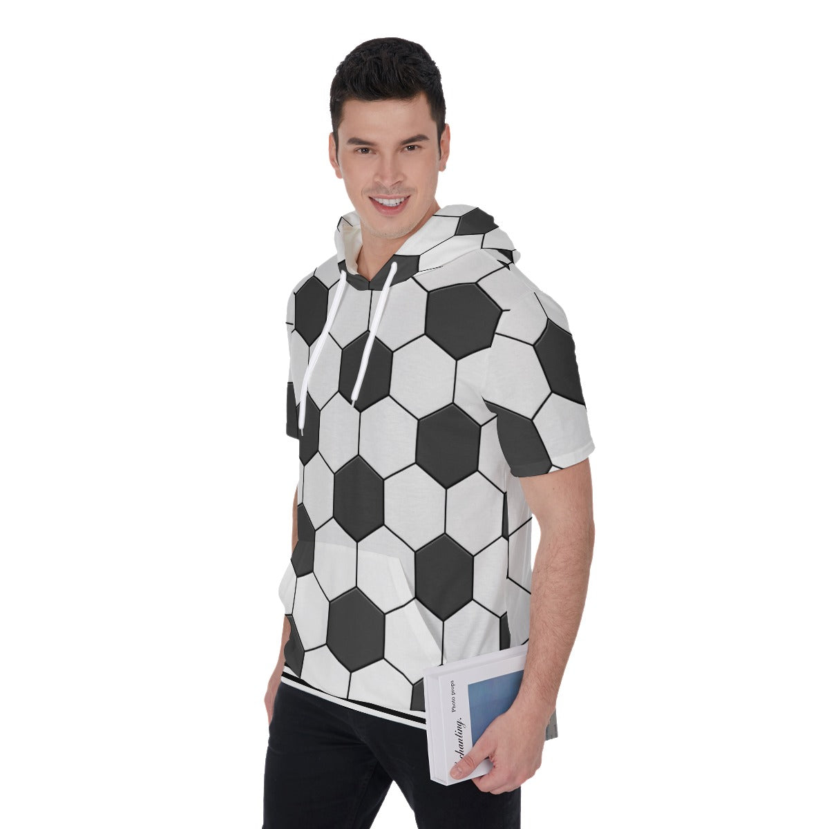 Short Sleeve Cotton Soccer Ball Print Hoodie